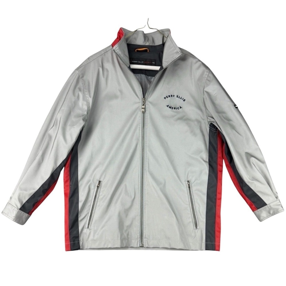 Perry Ellis America 76 Mens L Zip Up Jacket Silver Red Black USA Graphic Vtg 90s